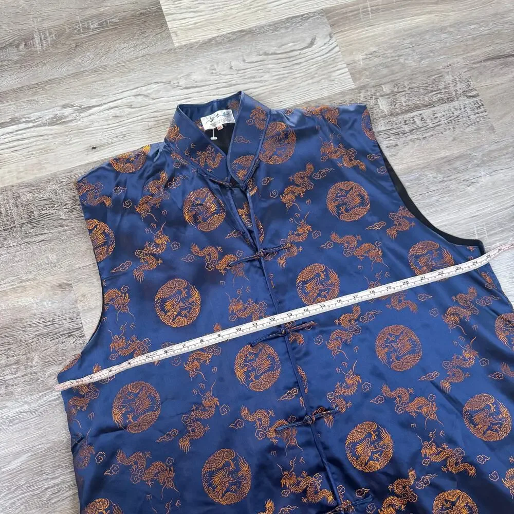 Vintage Chinese Dragon Satin Vest Navy Gold Frog Closure Y2K XL